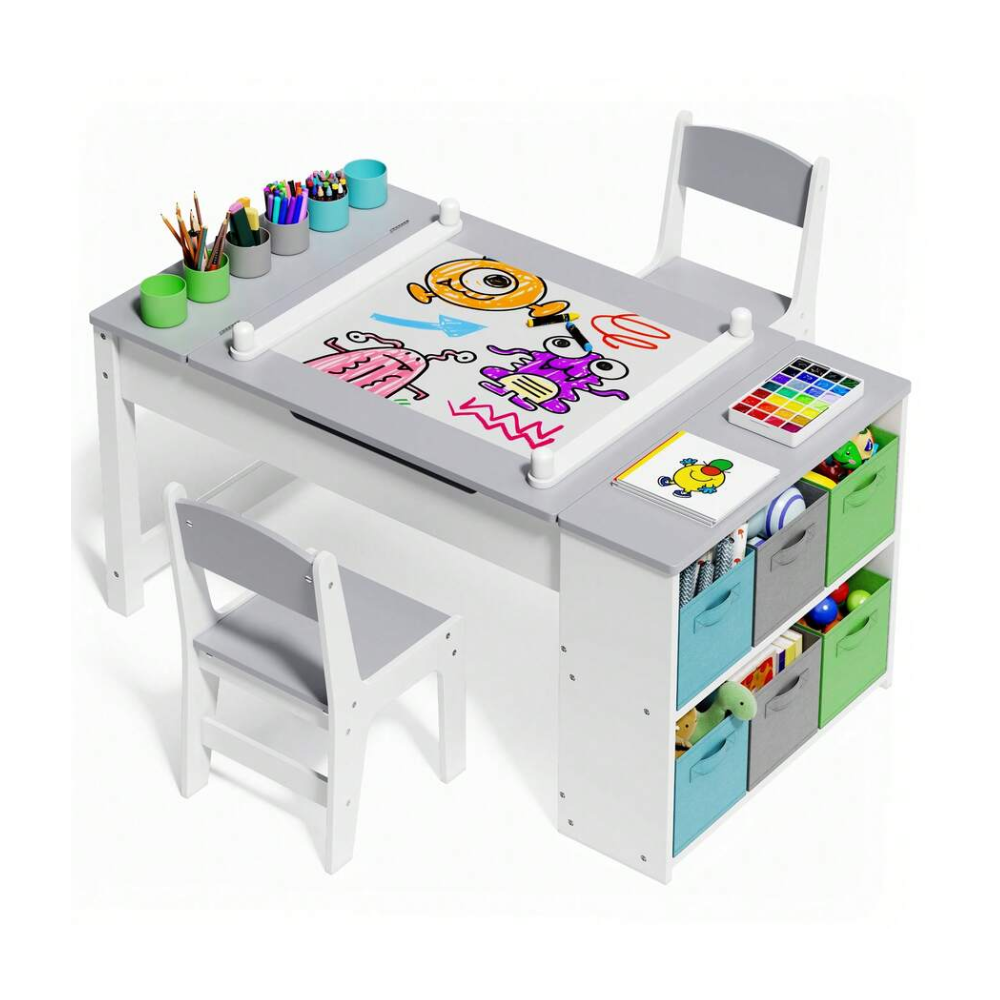 Multipurpose Kids Play Table And Chair Set With Built In Storage Shelves