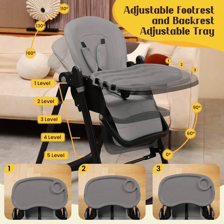 Baby High Chair6-In-1 Foldable Baby High Chair For 0-36 Months - 5 Height Adjustable Convertible Infant Toddler Feeding Chair, Removable Easy-Clean Tray & Locking Wheels, Soft PU Seat High Chair With Safety Harness, Multi-Stage High Chair For Home Dining, Travel & Small Spaces, Available In 6 Colors(The Best Christmas Gift For Children) - Dark Gray + Universal Wheel - View 6