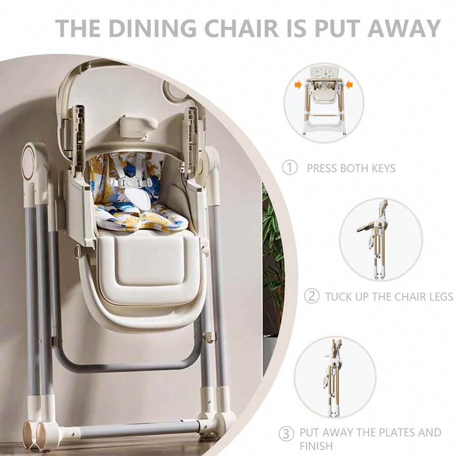 Lcchabls 3-In-1 Baby High Chair With Removable Dual Trays, Adjustable Feeding & Rocking Seat For Toddlers, 8 Height Levels, Reclining Backrest, Locking Wheels, PU Cushion, Foldable Travel Design, Ages 1+ - White - View 9
