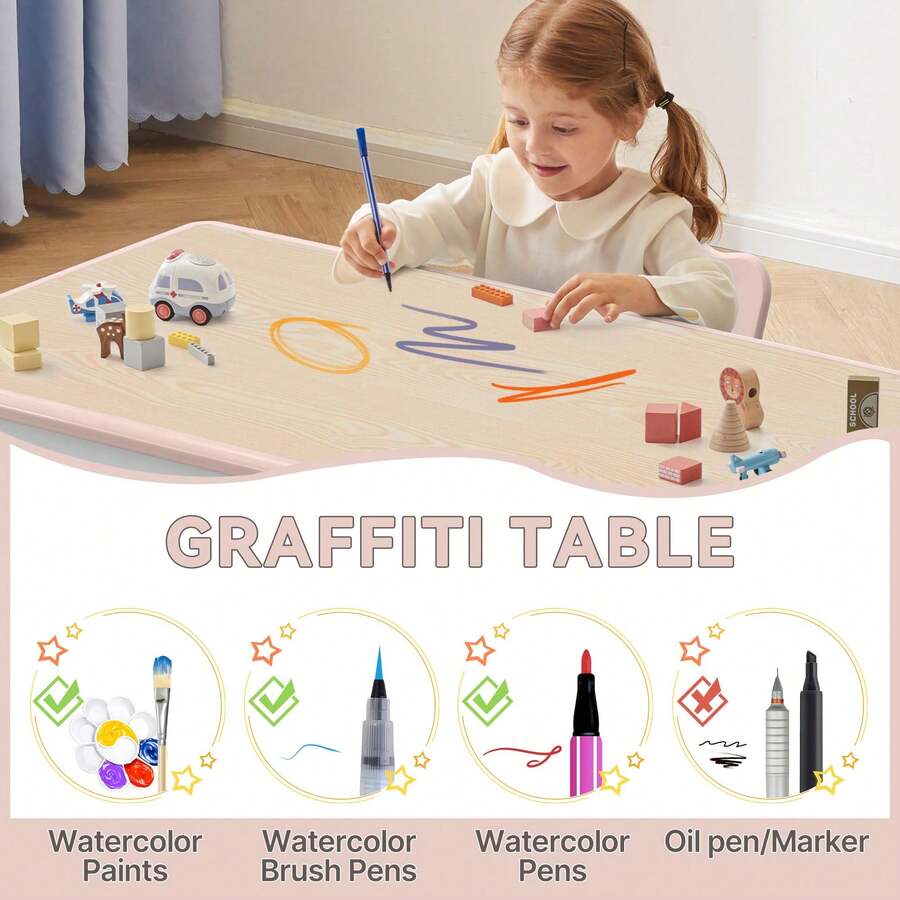 Kids Study Table And Chairs Set, Height Adjustable Toddler Table And Chair Set For Kids Ages 3-8, 23.6" L X 23.6" W Graffiti Desktop Plastic Children Art Table With 2 Seats - Pink - View 4