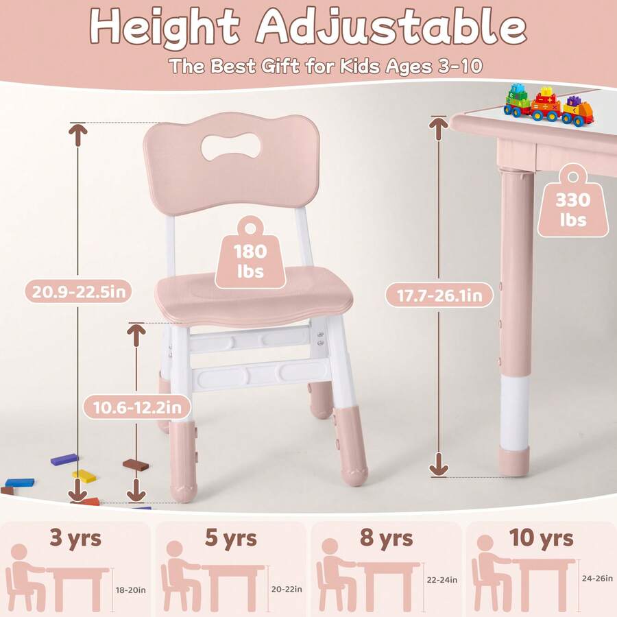 Toddler Table And Chair Set, Height Adjustable-Upgrade Kids Desk And 4 Chairs For Ages 3-8, Children's Multi-Activity Table With Graffiti Desktop And Marble Pattern For Home/Daycare/Classroom - Pink Whiteboard - View 3