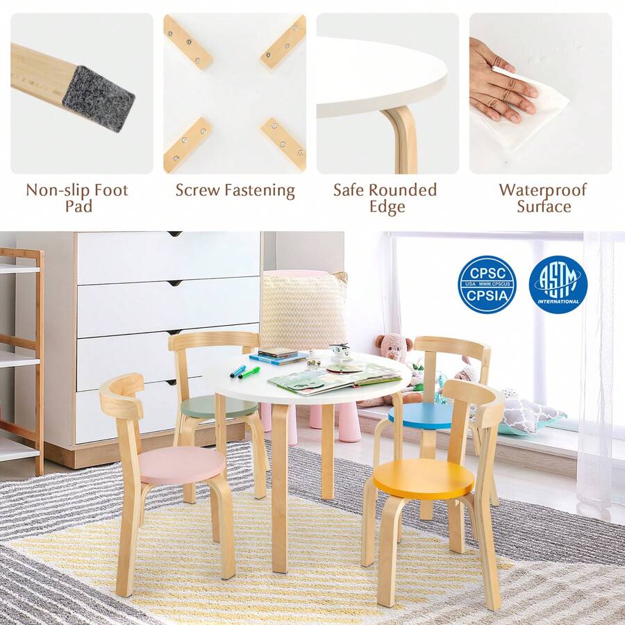 Homasis 5-Piece Kids Wooden Curved Back Activity Table & Chair Set - Multicolor - View 8