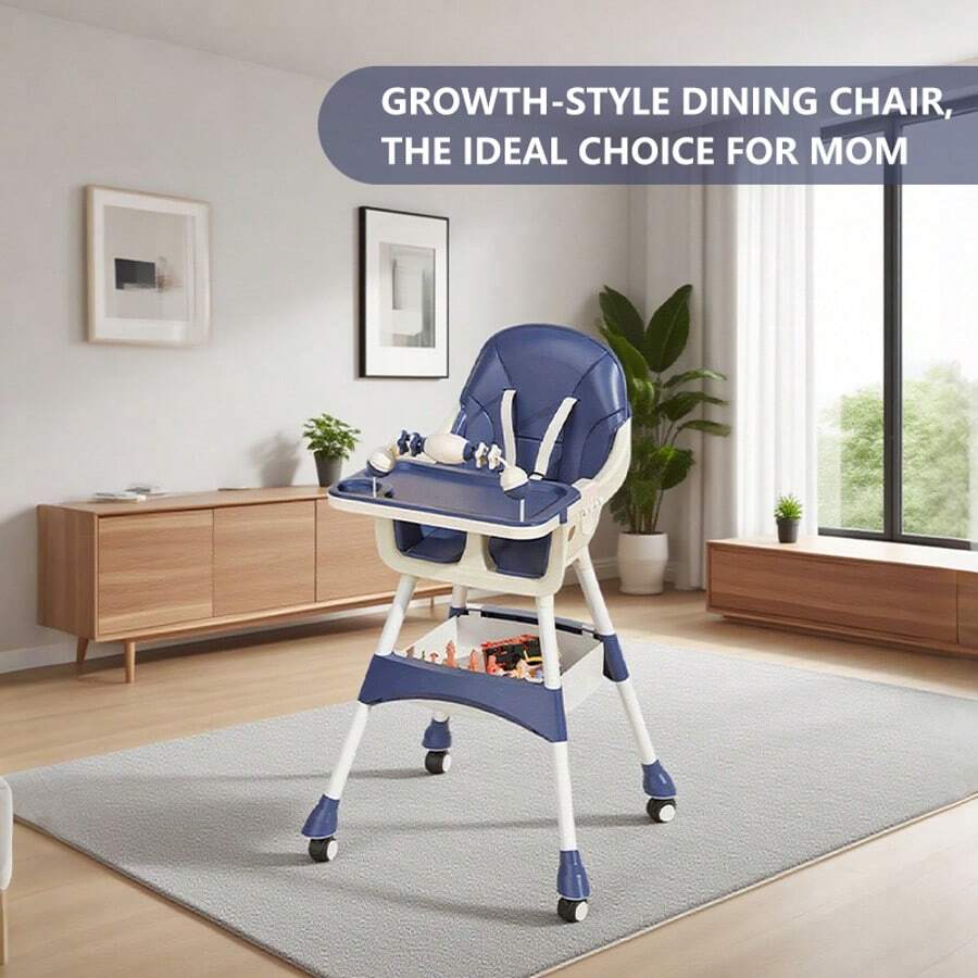 Virplik High Chair For Babies And Toddlers, Portable Multi-Functional Feeding Chair With Lock Wheels, Easy Clean Design, Comfortable Seat & Toy Storage Basket - Blue - View 5