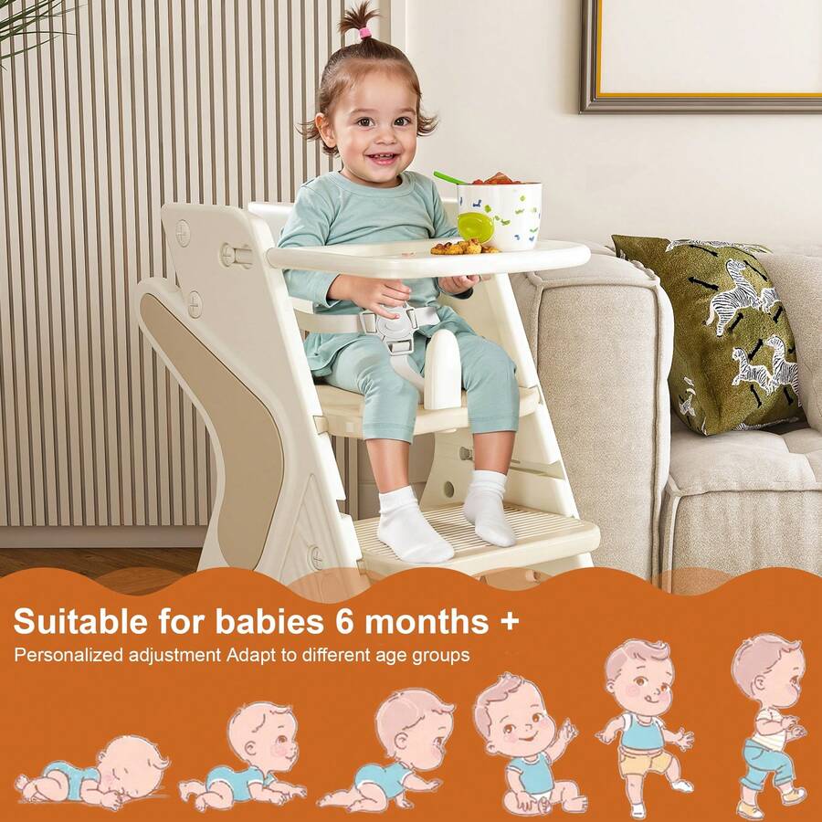 3-In-1 Adjustable Baby High Chair , Multi Functional Growing Up Dining Chair- 5-Point Safety Belt, Removable Dinner Plate, Non-Slip Feet For Kids Eating & Feeding - White+ Charcoal - View 4