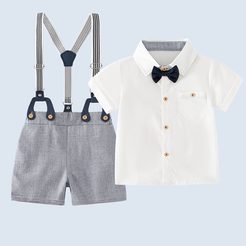 Formal Style Shirt With Bow Tie And Suspenders Shorts Set