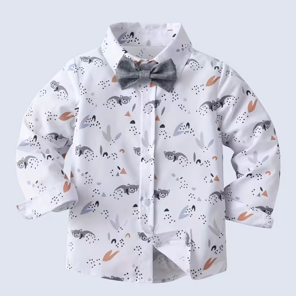 Printed Long Sleeve Shirt And Pants With Bow Tie And Suspenders