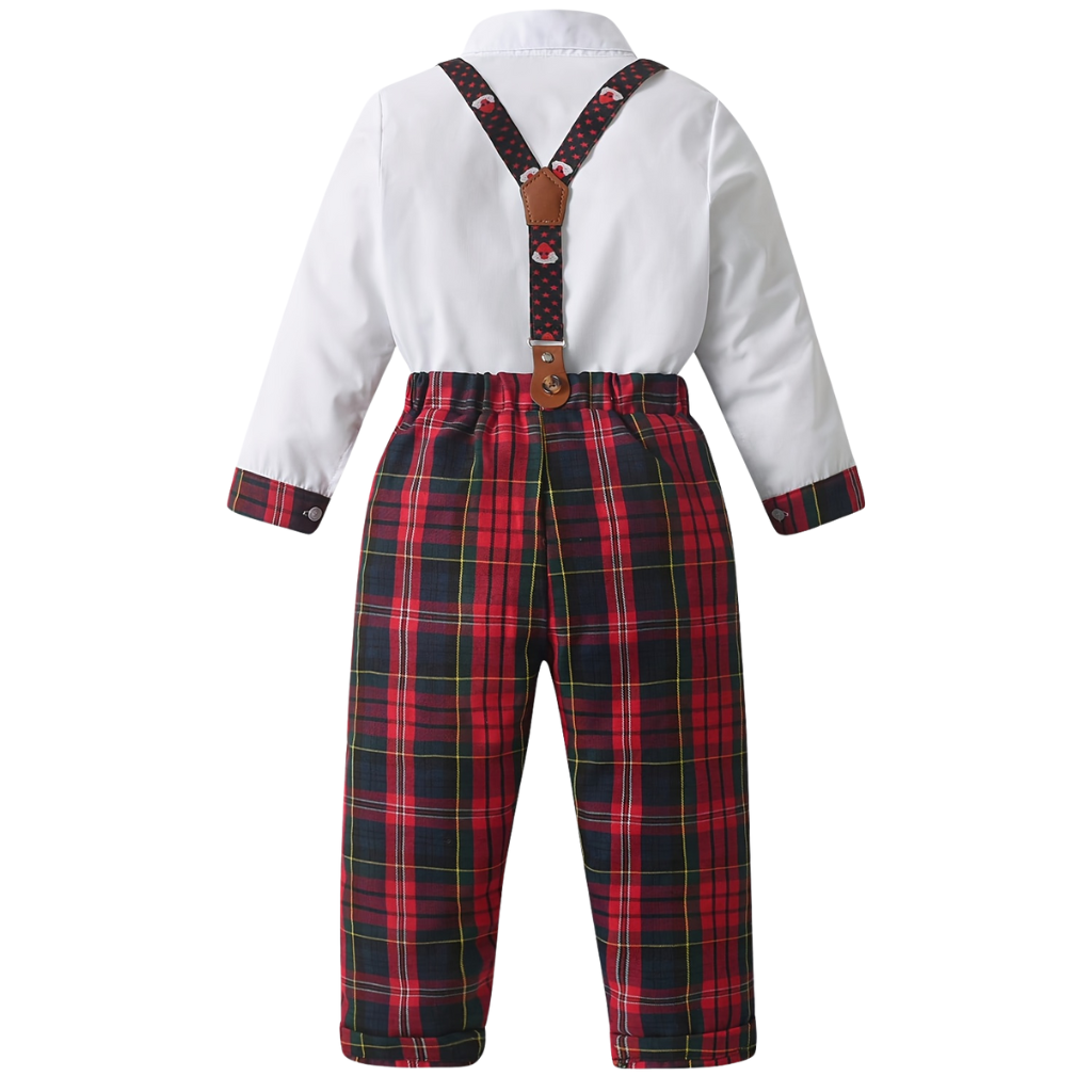 Plaid Overall Shirt Set With Bow