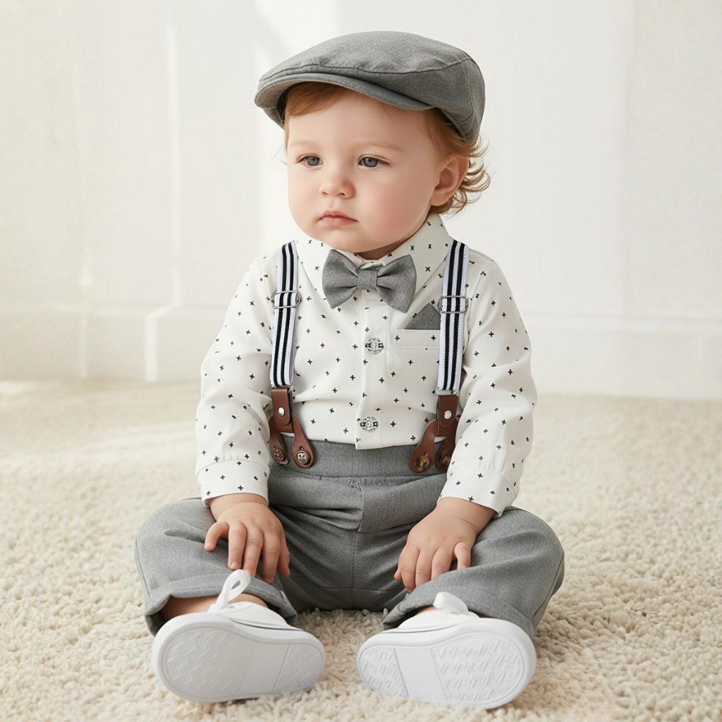 3 Piece Formal Suit With Bow Tie And Hat For Boys