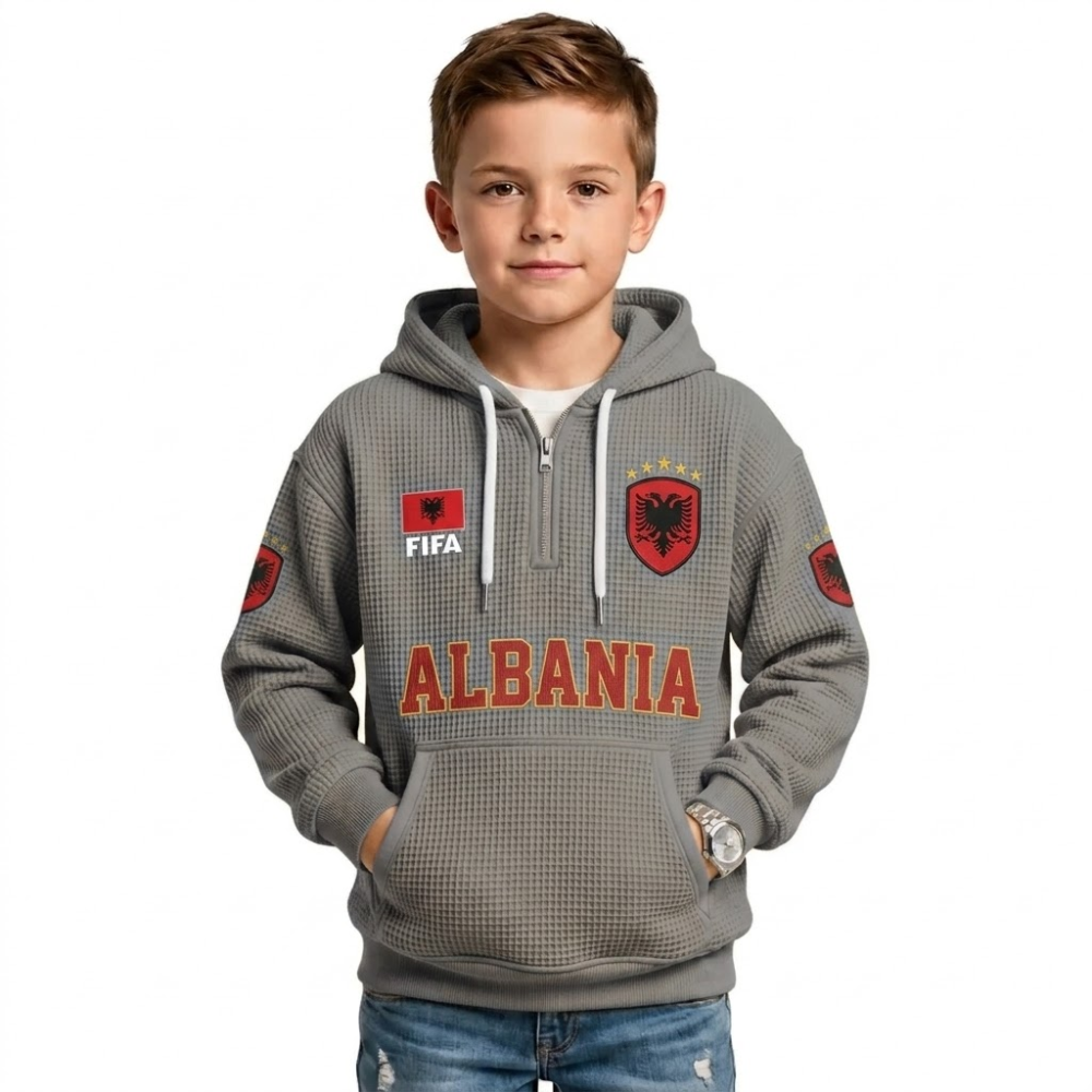 FIFA 2026 Albania Printed Waffle Quarter Zip Football Fan Hoodie For Kids