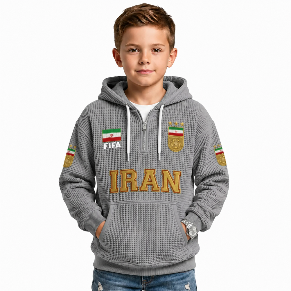 FIFA 2026 Iran Printed Waffle Quarter Zip Football Fan Hoodie For Kids