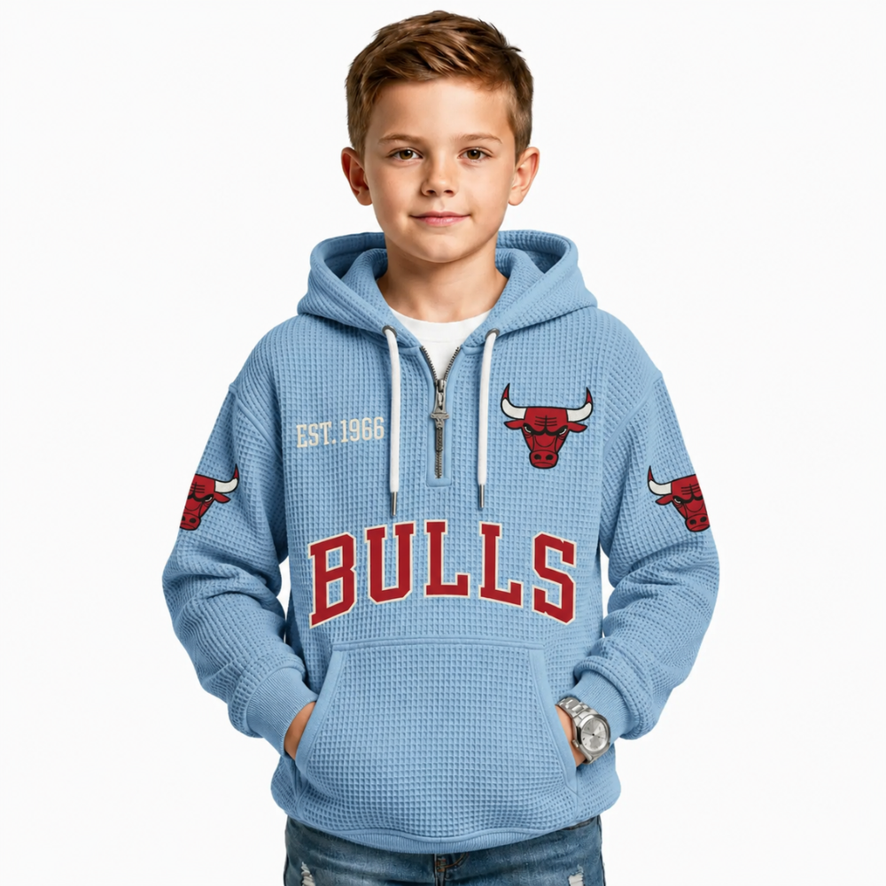 Chicago Bulls EST 1966 Printed Waffle Quarter Zip Basketball Fan Hoodie For Kids