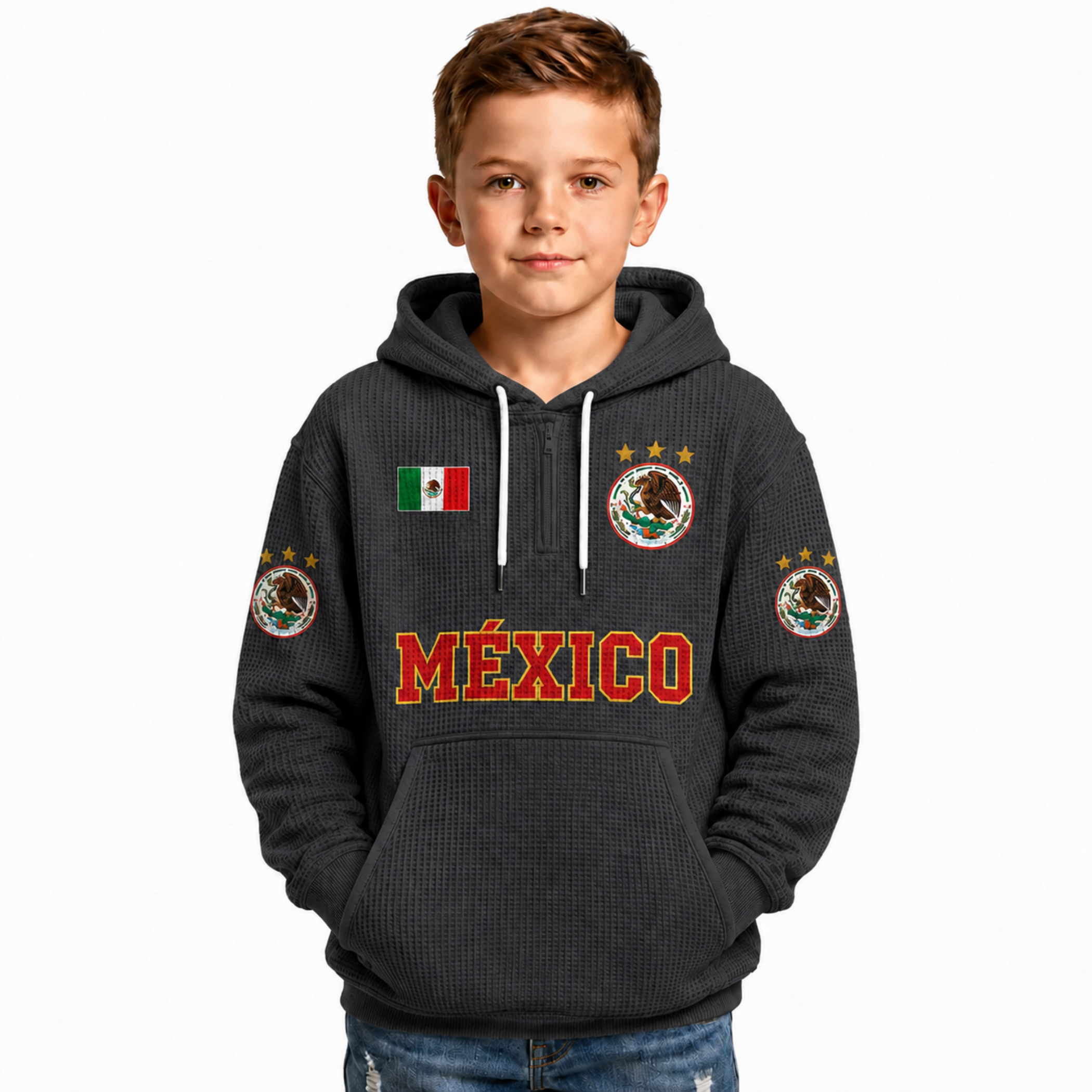 Mexico Printed Waffle Quarter Zip Football Fan Hoodie For Kids
