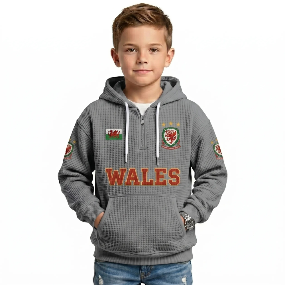 Wales Printed Waffle Quarter Zip Football Fan Hoodie For Kids