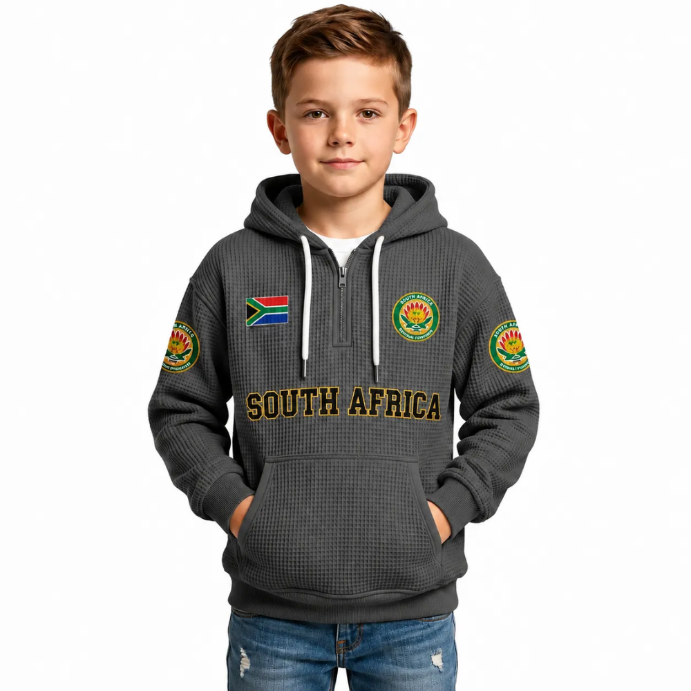 South Africa Printed Waffle Quarter Zip Football Fan Hoodie For Kids