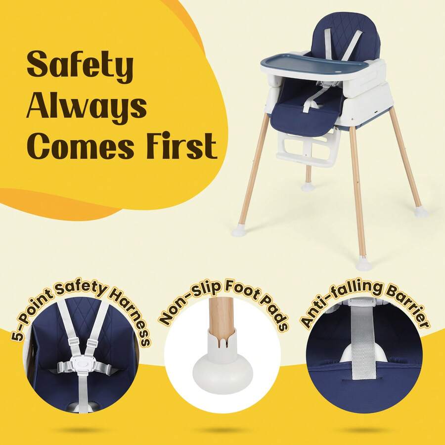 Baby High Chair,7-In-1 Foldable Baby High Chair For 0-36 Months - 5 Height Adjustable Convertible Infant Toddler Feeding Chair, Removable Easy-Clean Tray & Swivel Wheels, Soft PU Seat High Chair With Safety Harness, Multi-Stage High Chair For Home Dining, Travel & Small Spaces,Blue & Gray - Blue - View 6