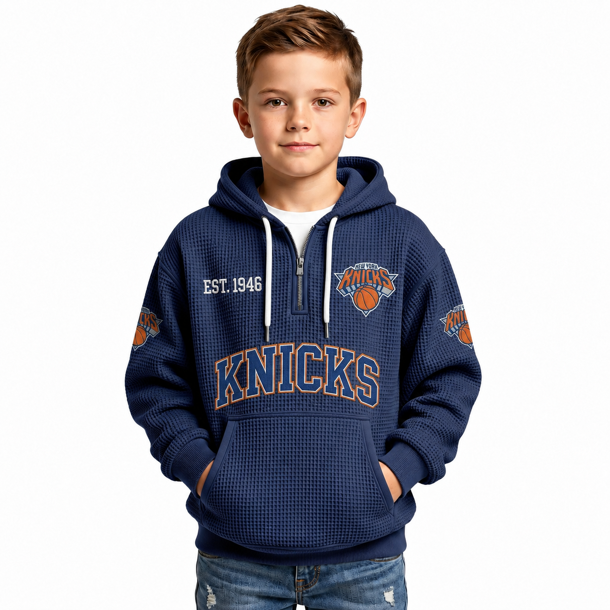 New York Knicks EST 1946 Printed Waffle Quarter Zip Basketball Fan Hoodie For Kids