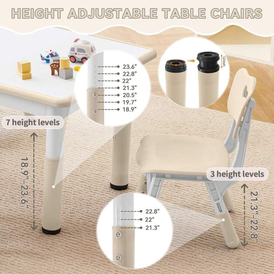 Kids Study Table And Chairs Set, Height Adjustable Toddler Table And Chair Set For Kids Ages 3-8, 31.5" L X 23.6" W Graffiti Desktop Plastic Children Art Table With 4 Seats - Wooden White Board - View 2