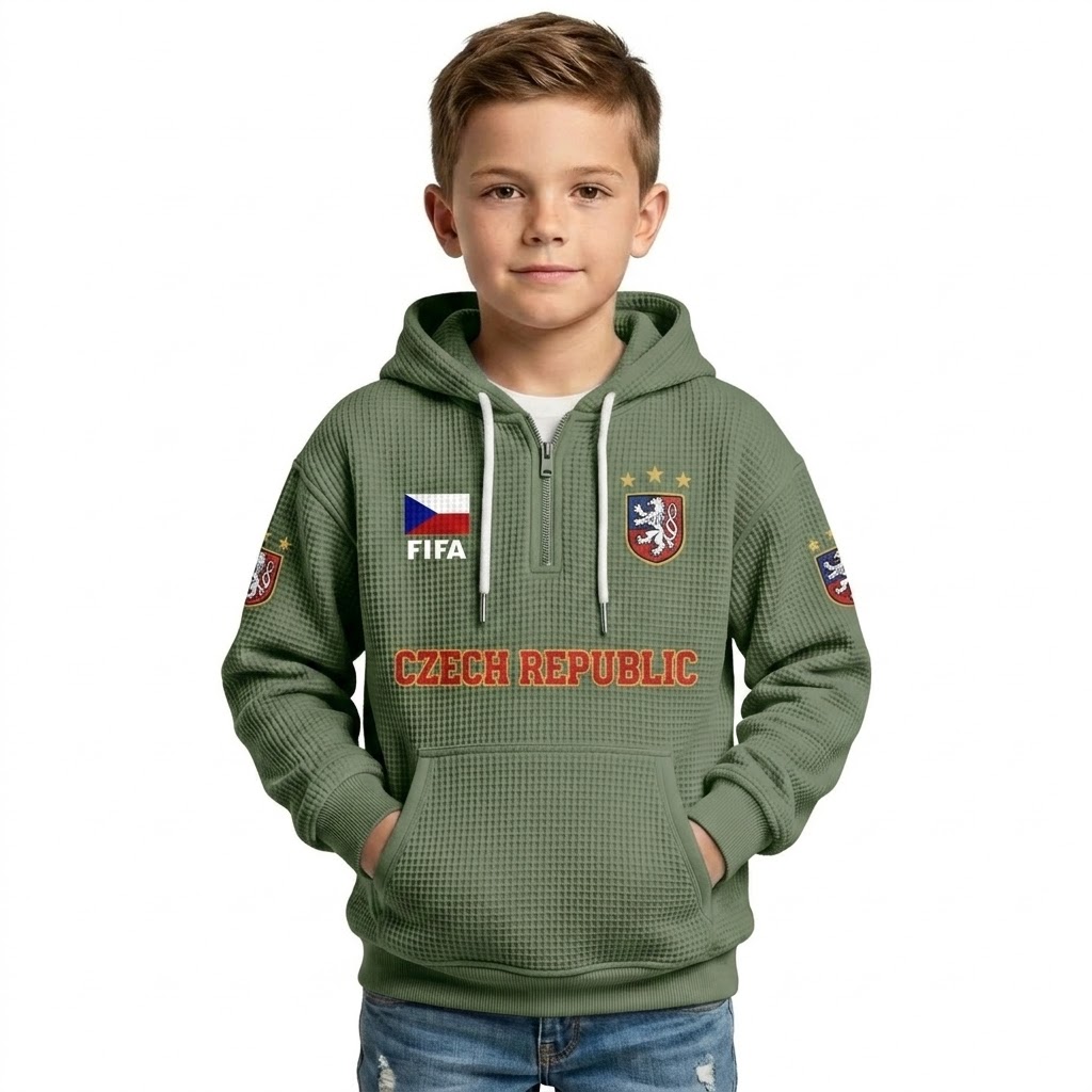 FIFA 2026 Czech Republic Printed Waffle Quarter Zip Football Fan Hoodie For Kids