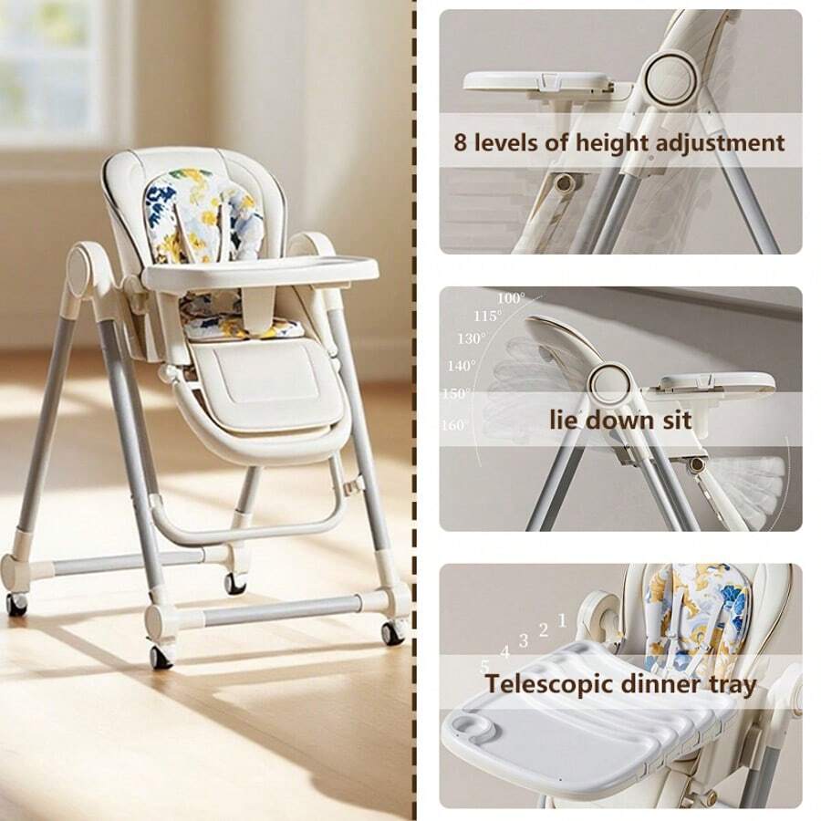 Lcchabls 3-In-1 Baby High Chair With Removable Dual Trays, Adjustable Feeding & Rocking Seat For Toddlers, 8 Height Levels, Reclining Backrest, Locking Wheels, PU Cushion, Foldable Travel Design, Ages 1+ - White - View 6