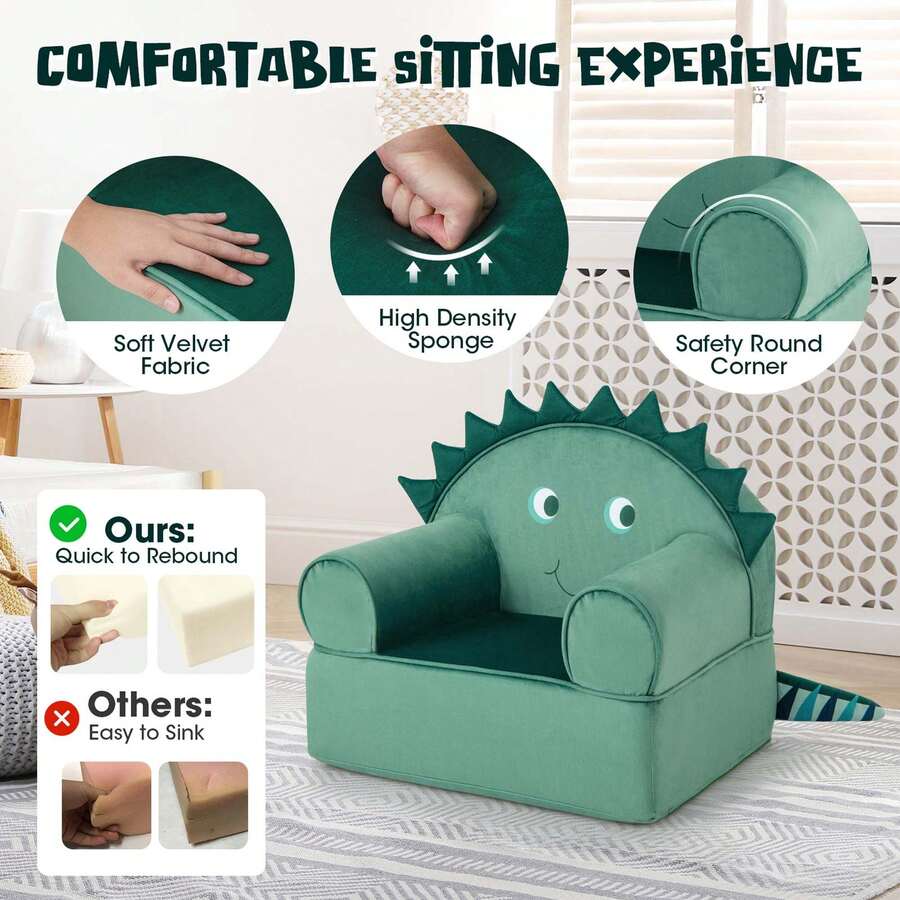 Lifezeal Kids Sofa Foam Filled Armchair Dinosaur Cuddly Toddler Couch With Washable Cover - Green - View 3