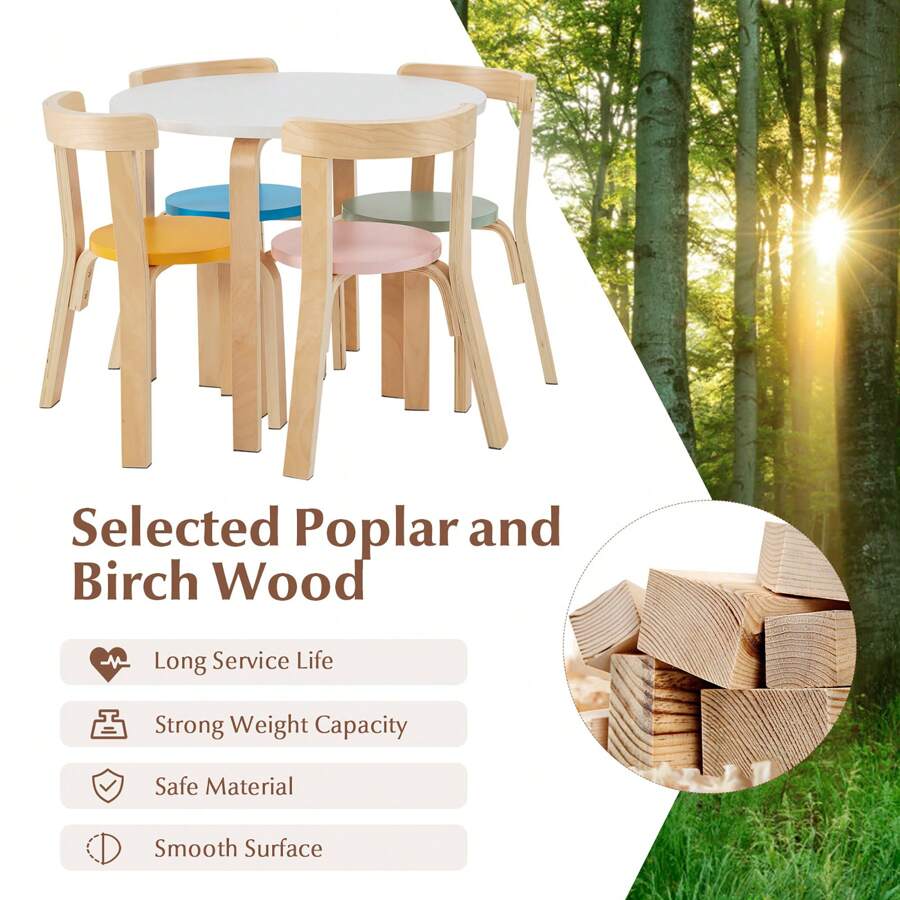 Homasis 5-Piece Kids Wooden Curved Back Activity Table & Chair Set - Multicolor - View 7