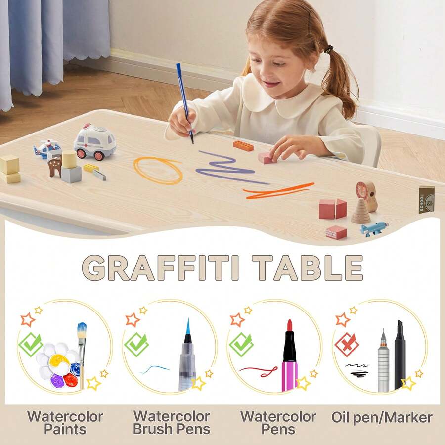 Kids Study Table And Chairs Set, Height Adjustable Toddler Table And Chair Set For Kids Ages 3-8, 23.6" L X 23.6" W Graffiti Desktop Plastic Children Art Table With 2 Seats - Wood Color - View 4