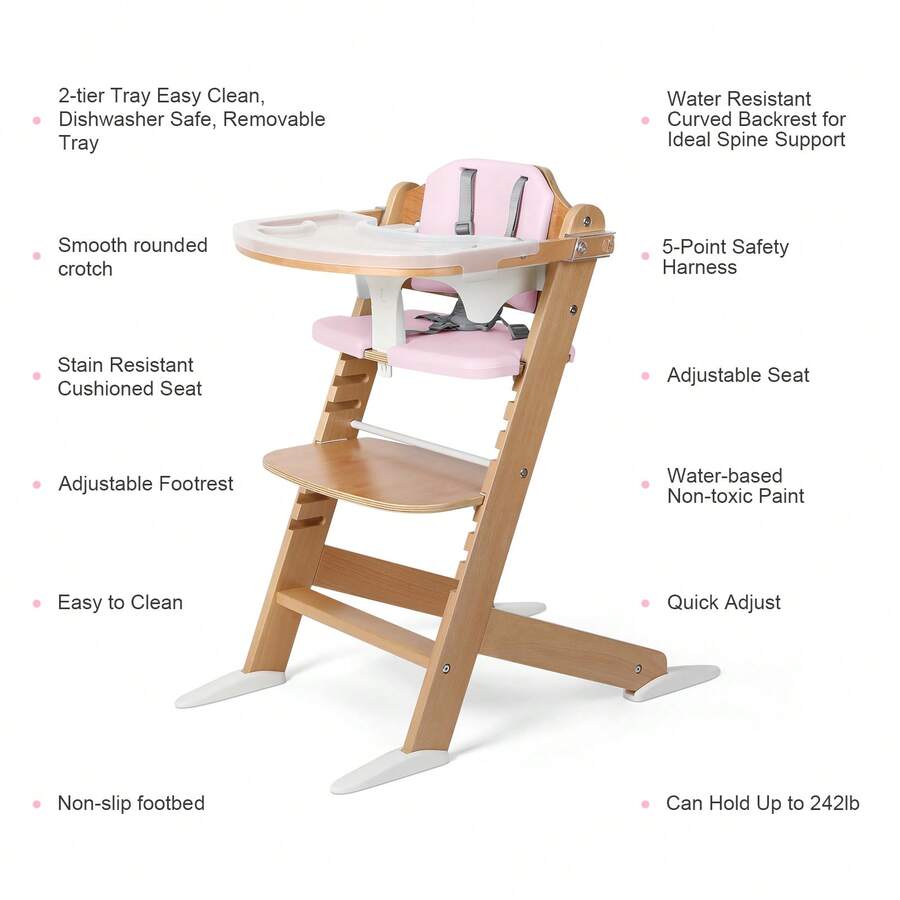 3-In-1 Convertible Wooden High Chair For Babies & Toddlers, Toddler Feeding High Chair With 3-Tier Remove, 2 Adjustable Wood Tray, 8 Levels Adjustable, Gray Cushion And Harness, Pink - Pink - View 2