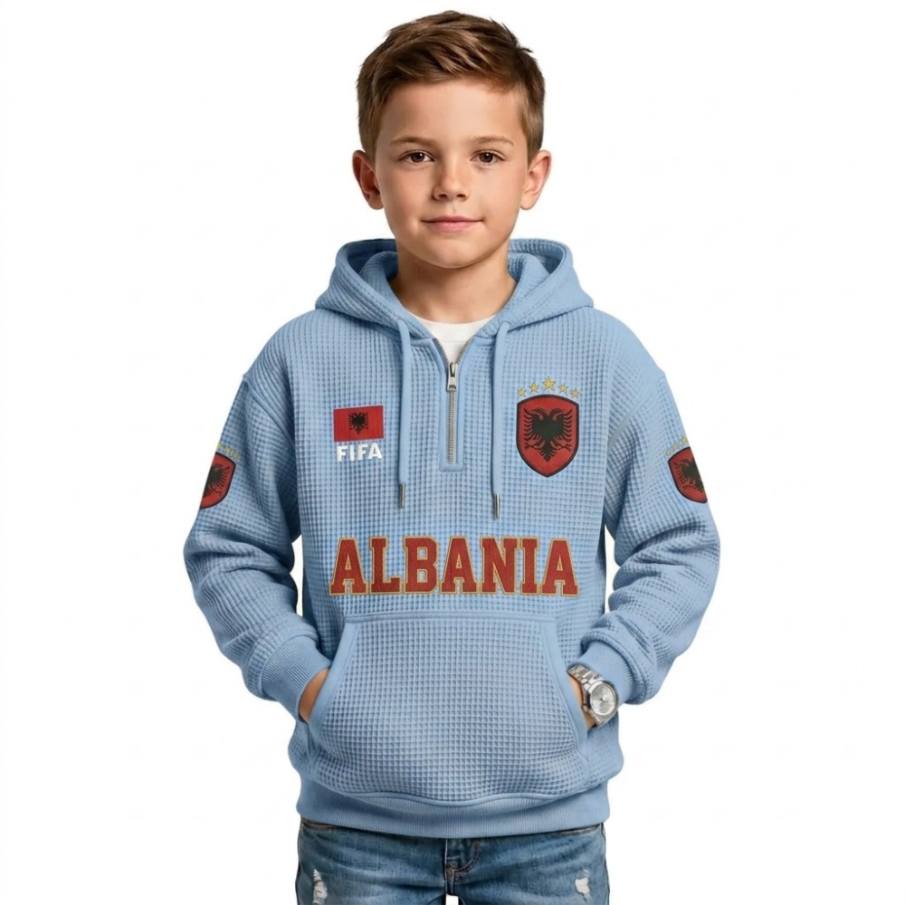 FIFA 2026 Albania Printed Waffle Quarter Zip Football Fan Hoodie For Kids