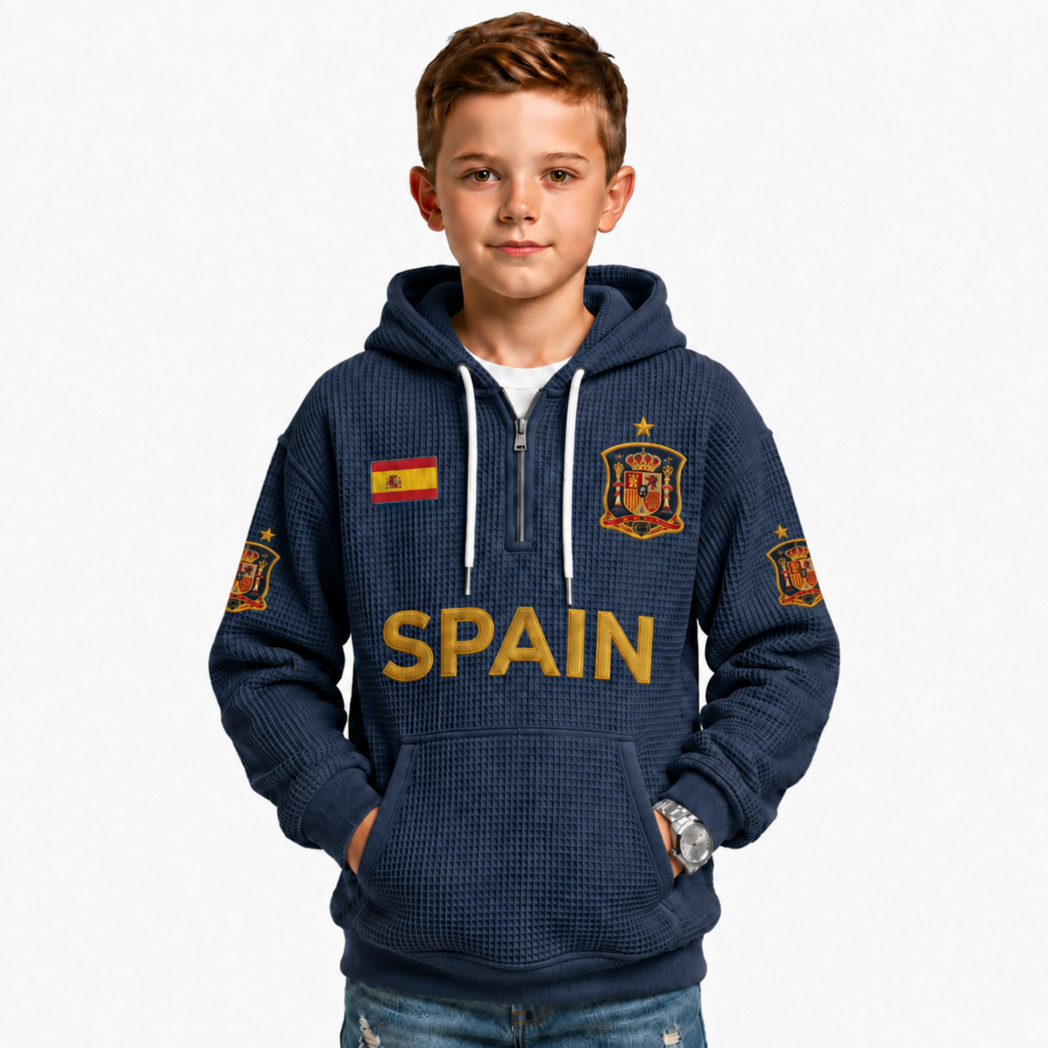 Spain Printed Waffle Quarter Zip Football Fan Hoodie For Kids