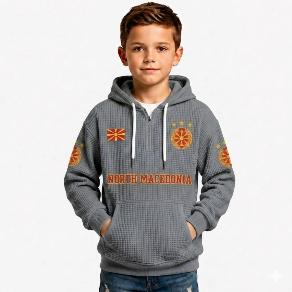 North Macedonia Printed Waffle Quarter Zip Football Fan Hoodie For Kids