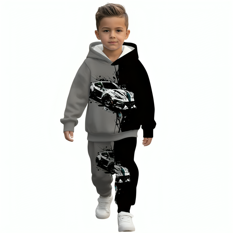 Hoodie And Pants Set With Car Print Design For Boys