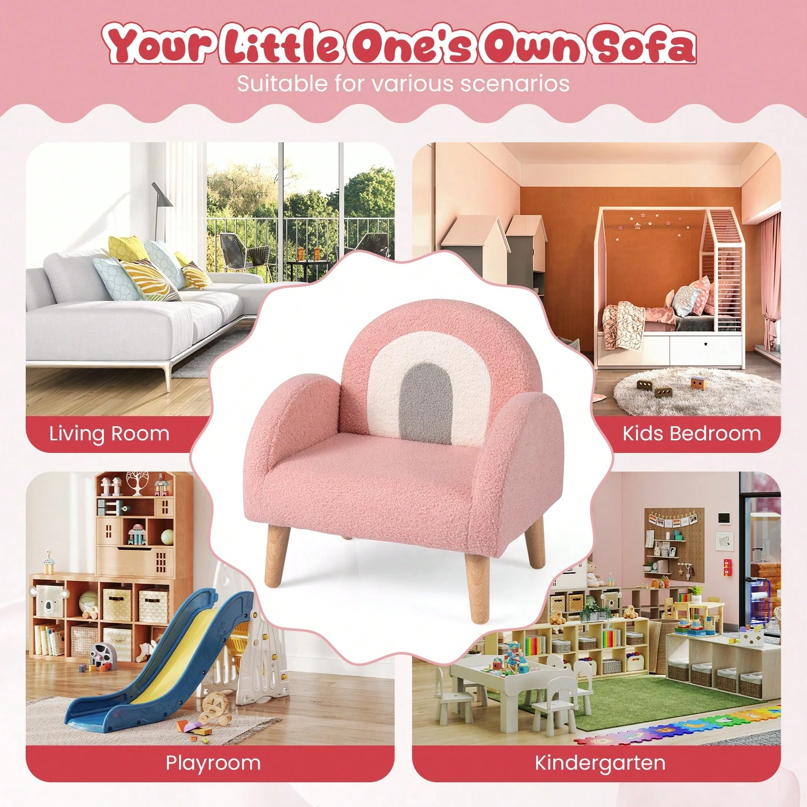 Soft Plush Kids Couch W/Comfy Backrest & Armrests Upholstered Children Floor Sofa - Pink - View 7