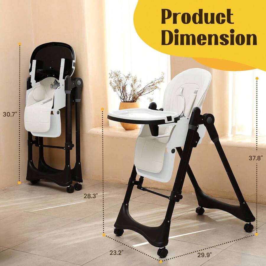 Baby High Chair6-In-1 Foldable Baby High Chair For 0-36 Months - 5 Height Adjustable Convertible Infant Toddler Feeding Chair, Removable Easy-Clean Tray & Locking Wheels, Soft PU Seat High Chair With Safety Harness, Multi-Stage High Chair For Home Dining, Travel & Small Spaces, Available In 6 Colors(The Best Christmas Gift For Children) - Black and White + Universal Wheel - View 8