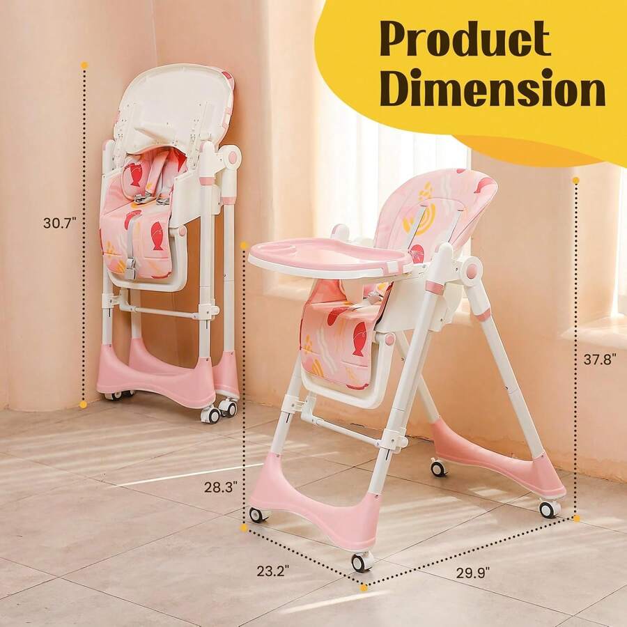 Baby High Chair6-In-1 Foldable Baby High Chair For 0-36 Months - 5 Height Adjustable Convertible Infant Toddler Feeding Chair, Removable Easy-Clean Tray & Locking Wheels, Soft PU Seat High Chair With Safety Harness, Multi-Stage High Chair For Home Dining, Travel & Small Spaces, Available In 6 Colors(The Best Christmas Gift For Children) - Pink + Omnidirectional Wheels - View 8