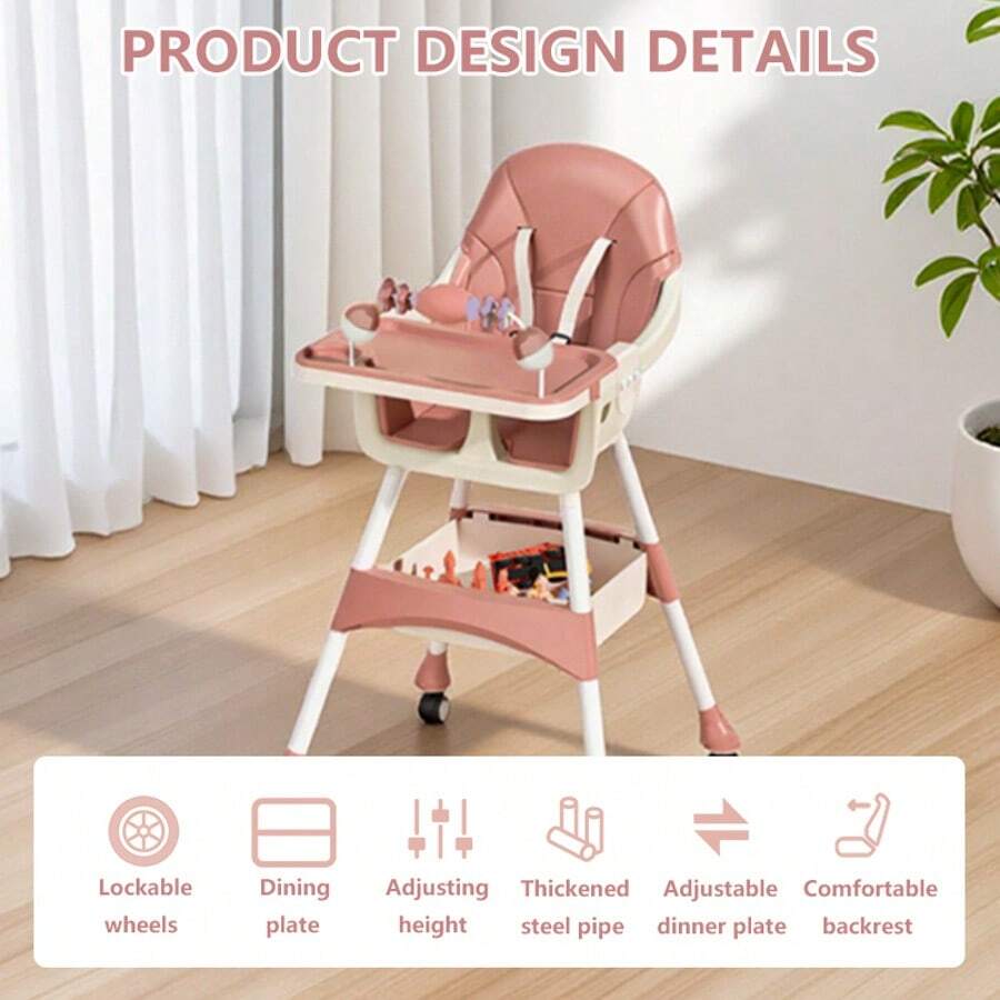 Virplik High Chair For Babies And Toddlers, Portable Multi-Functional Feeding Chair With Lock Wheels, Easy Clean Design, Comfortable Seat & Toy Storage Basket - Pink - View 7