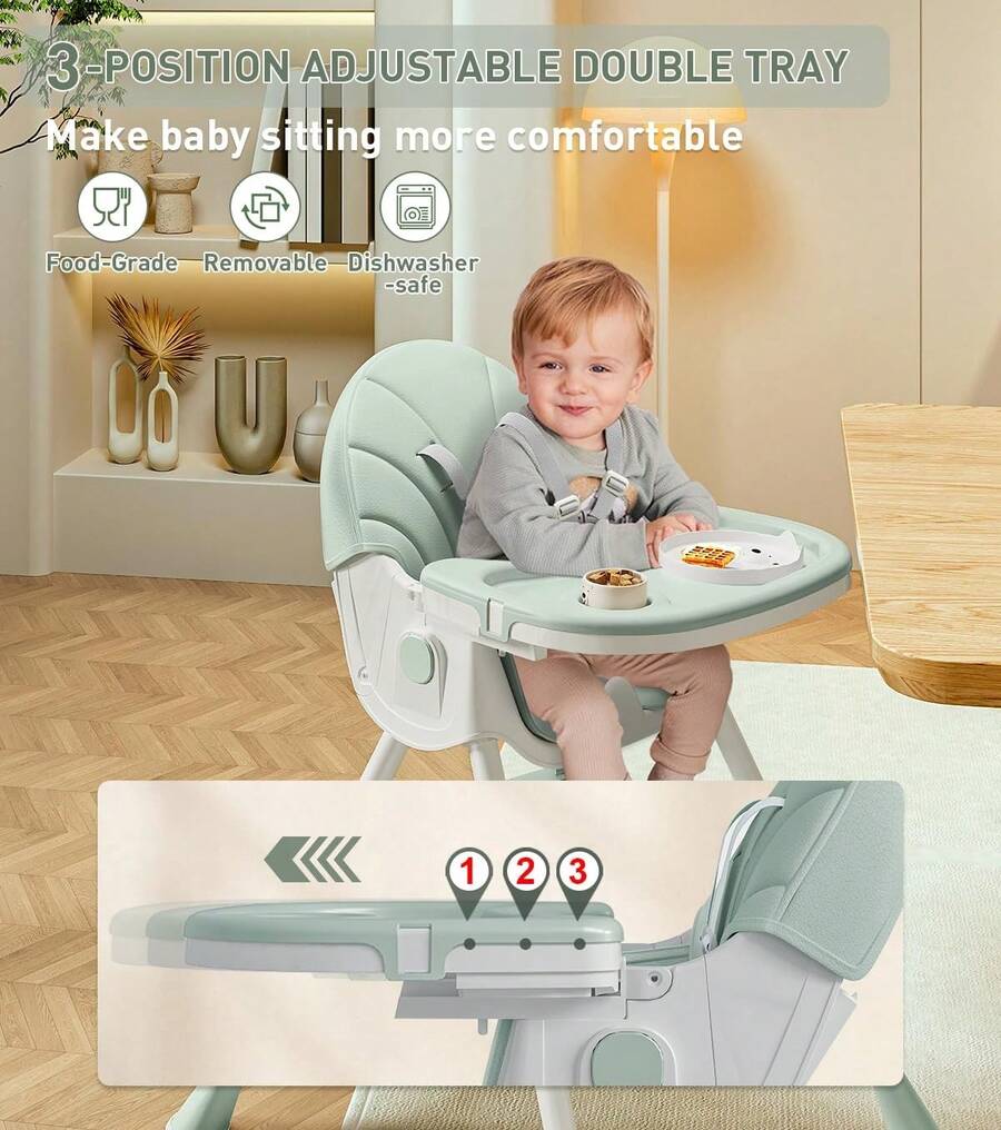 Cochildor 5-In-1 Convertible Baby High Chair - Foldable, Adjustable Height Booster Seat With Removable PU Cushion & Tray | For Babies & Toddlers  | No Wheels | Pink, Beige, Green - Green - View 3