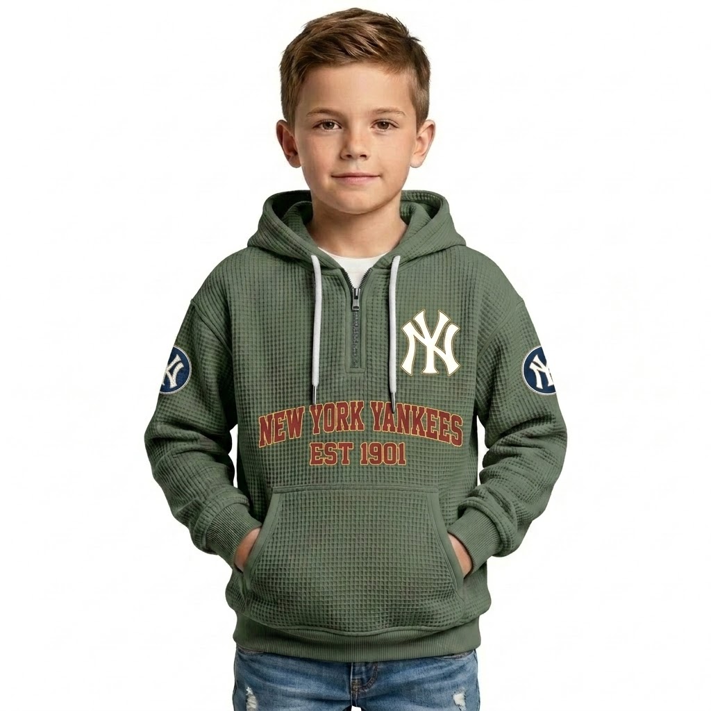 New York Yankees EST 1901 Printed Waffle Quarter Zip Baseball Fan Hoodie For Kids
