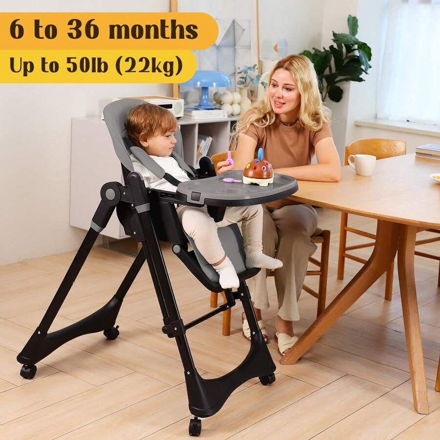 Baby High Chair6-In-1 Foldable Baby High Chair For 0-36 Months - 5 Height Adjustable Convertible Infant Toddler Feeding Chair, Removable Easy-Clean Tray & Locking Wheels, Soft PU Seat High Chair With Safety Harness, Multi-Stage High Chair For Home Dining, Travel & Small Spaces, Available In 6 Colors(The Best Christmas Gift For Children) - Dark Gray + Universal Wheel - View 3