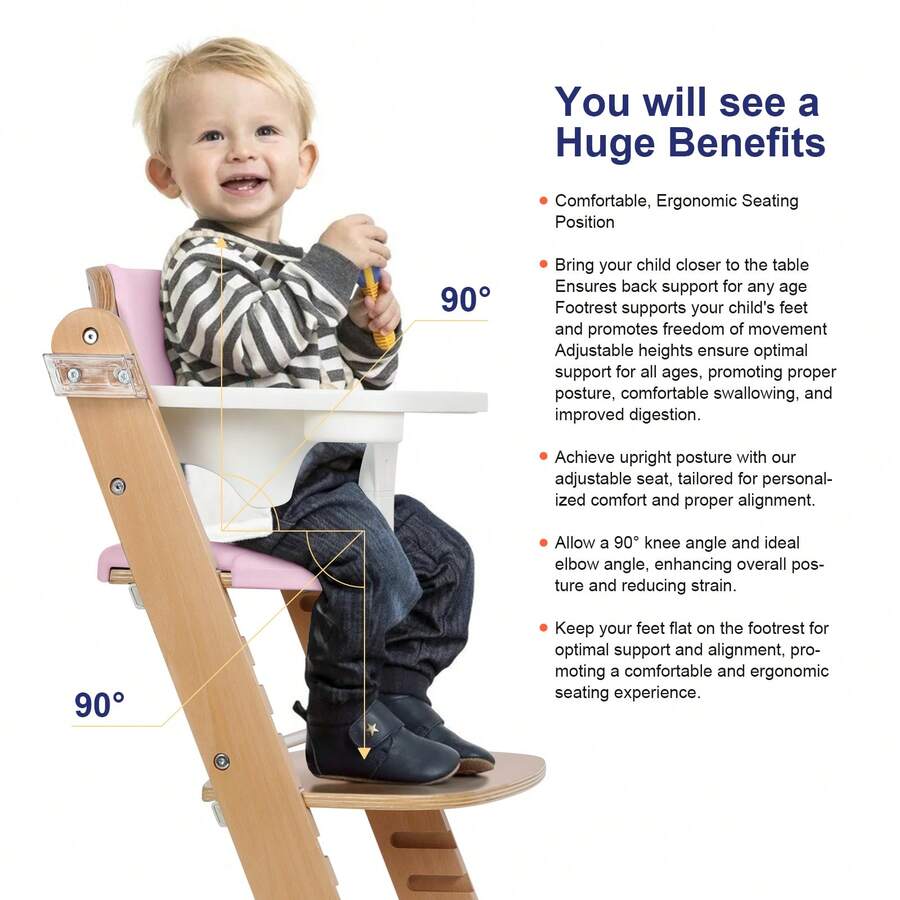 3-In-1 Convertible Wooden High Chair For Babies & Toddlers, Toddler Feeding High Chair With 3-Tier Remove, 2 Adjustable Wood Tray, 8 Levels Adjustable, Gray Cushion And Harness, Pink - Pink - View 9