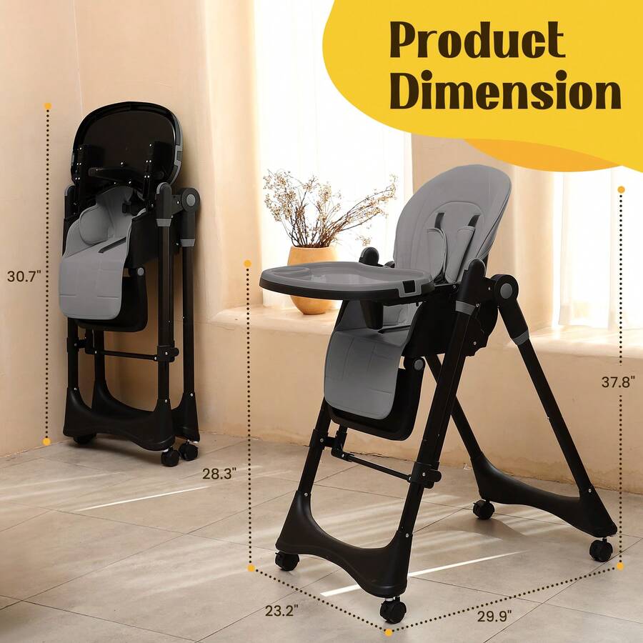 Baby High Chair6-In-1 Foldable Baby High Chair For 0-36 Months - 5 Height Adjustable Convertible Infant Toddler Feeding Chair, Removable Easy-Clean Tray & Locking Wheels, Soft PU Seat High Chair With Safety Harness, Multi-Stage High Chair For Home Dining, Travel & Small Spaces, Available In 6 Colors(The Best Christmas Gift For Children) - Dark Gray + Universal Wheel - View 5