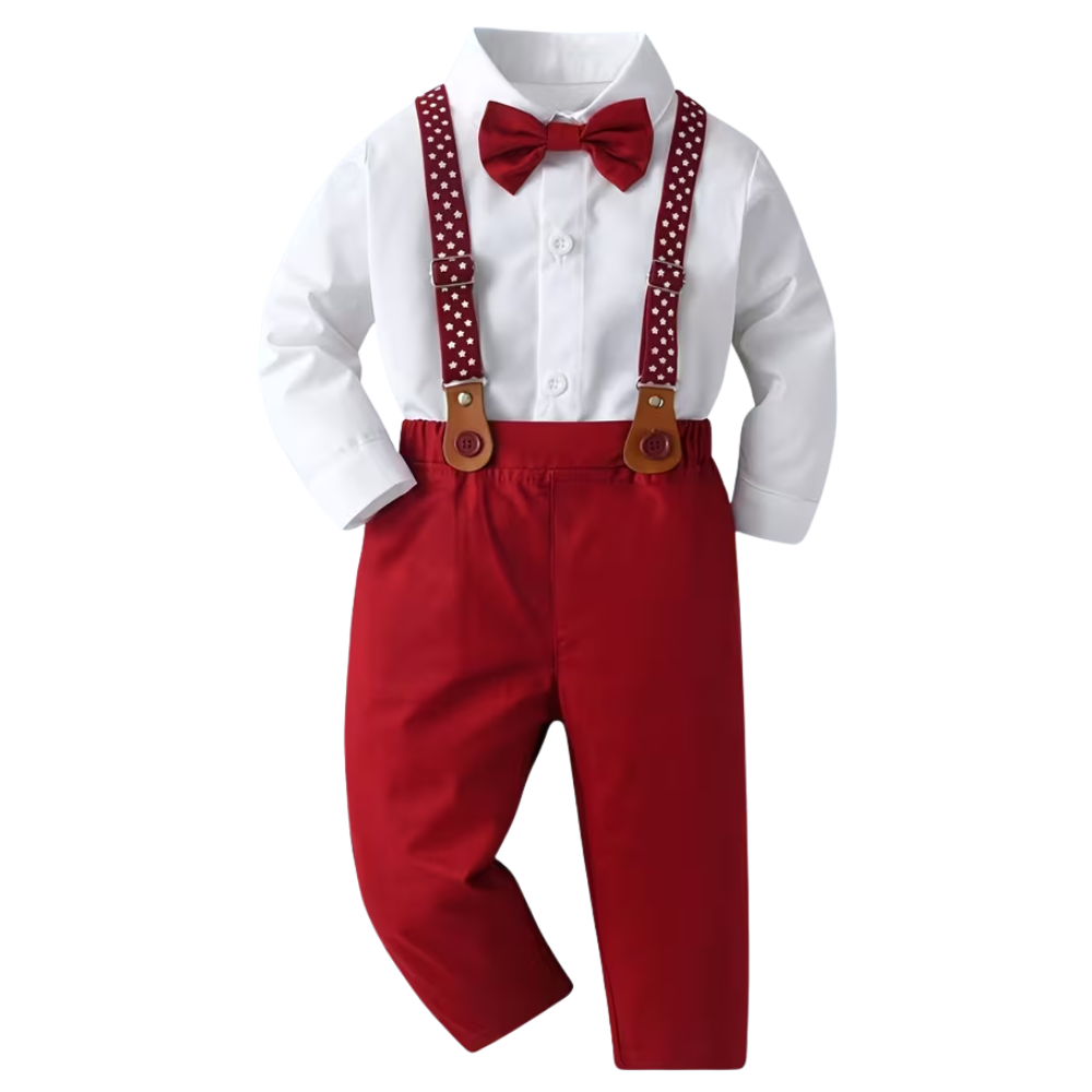 Two Piece Suit With Lapel Bow Tie Shirt And Suspender Pants