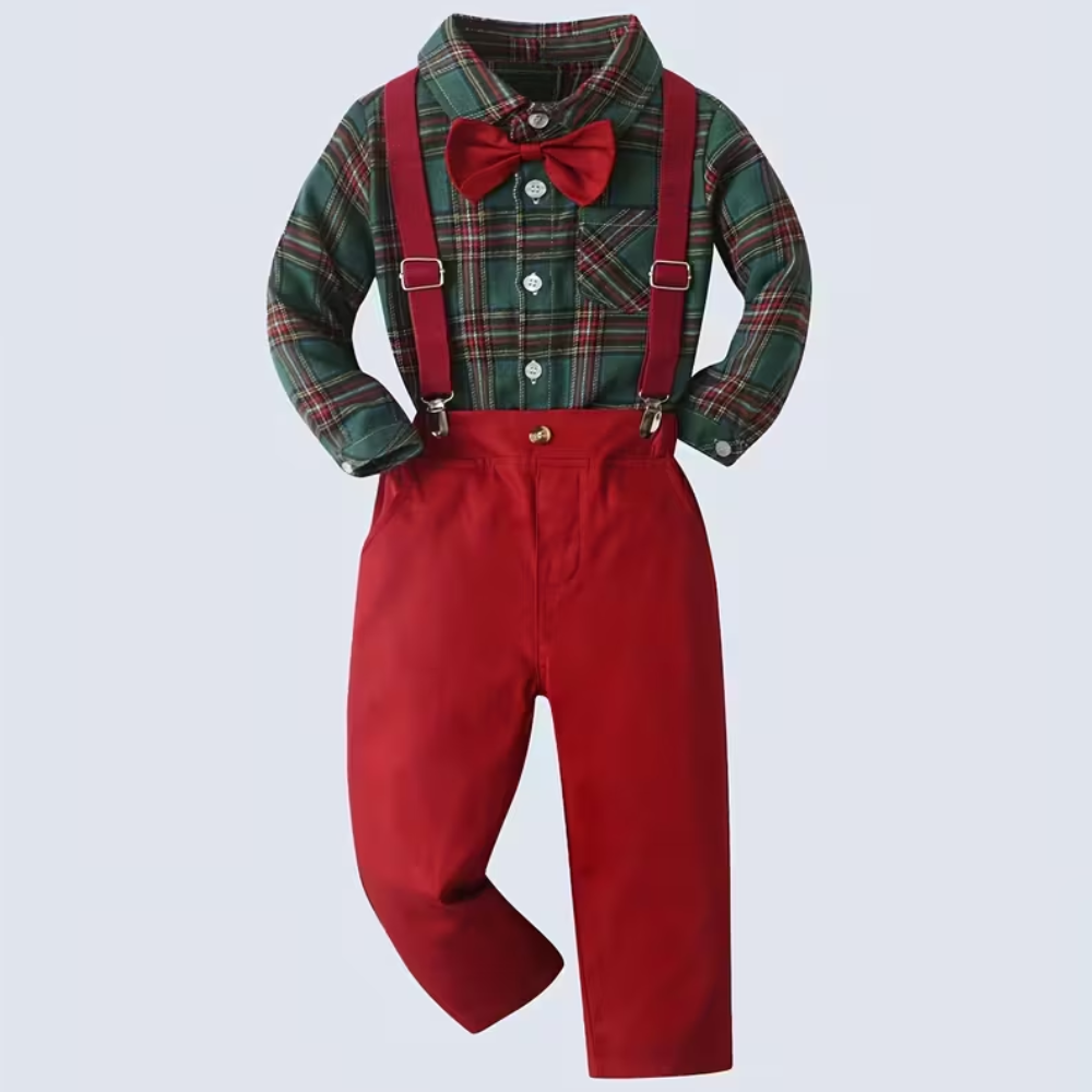 Plaid Shirt With Bow Tie And Suspender Pants 2 Piece Set For Baby Boys