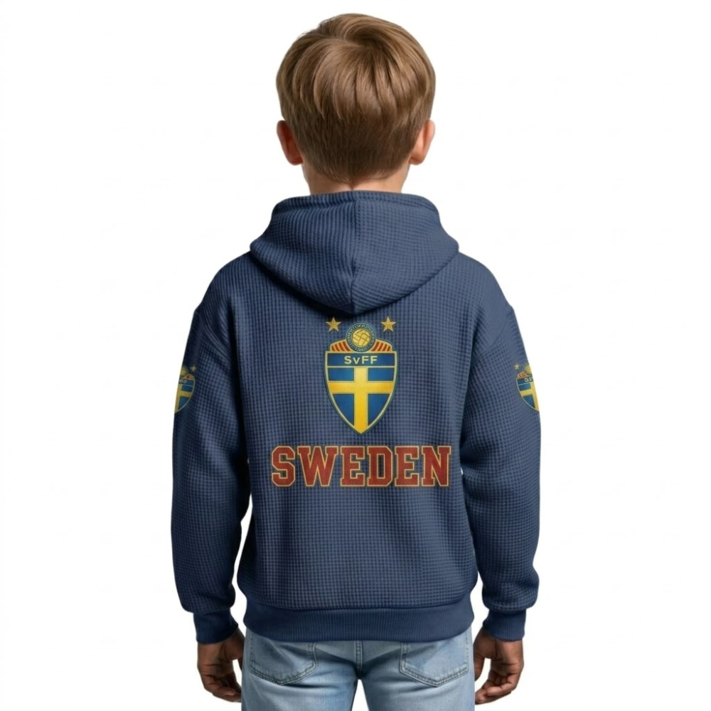 FIFA 2026 Sweden Printed Waffle Quarter Zip Football Fan Hoodie For Kids