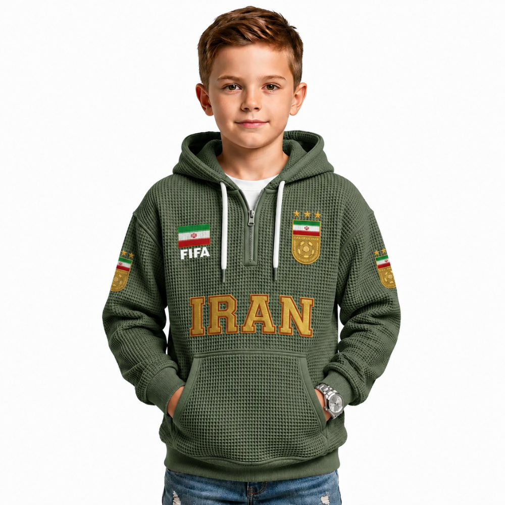 FIFA 2026 Iran Printed Waffle Quarter Zip Football Fan Hoodie For Kids