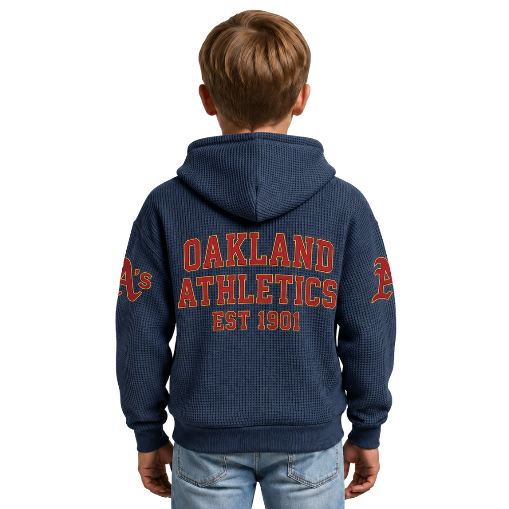 Oakland Athletics EST 1901 Printed Waffle Quarter Zip Baseball Fan Hoodie For Kids