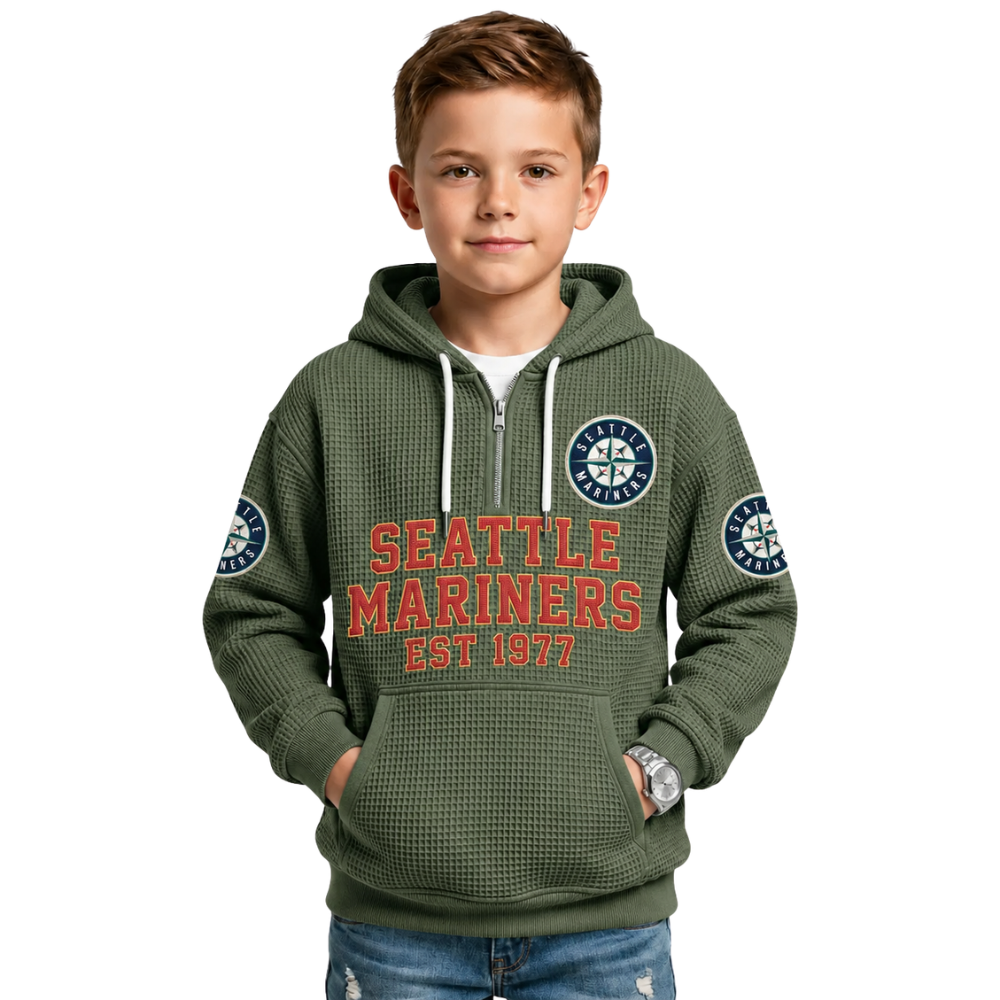 Seattle Mariners EST 1977 Printed Waffle Quarter Zip Baseball Fan Hoodie For Kids