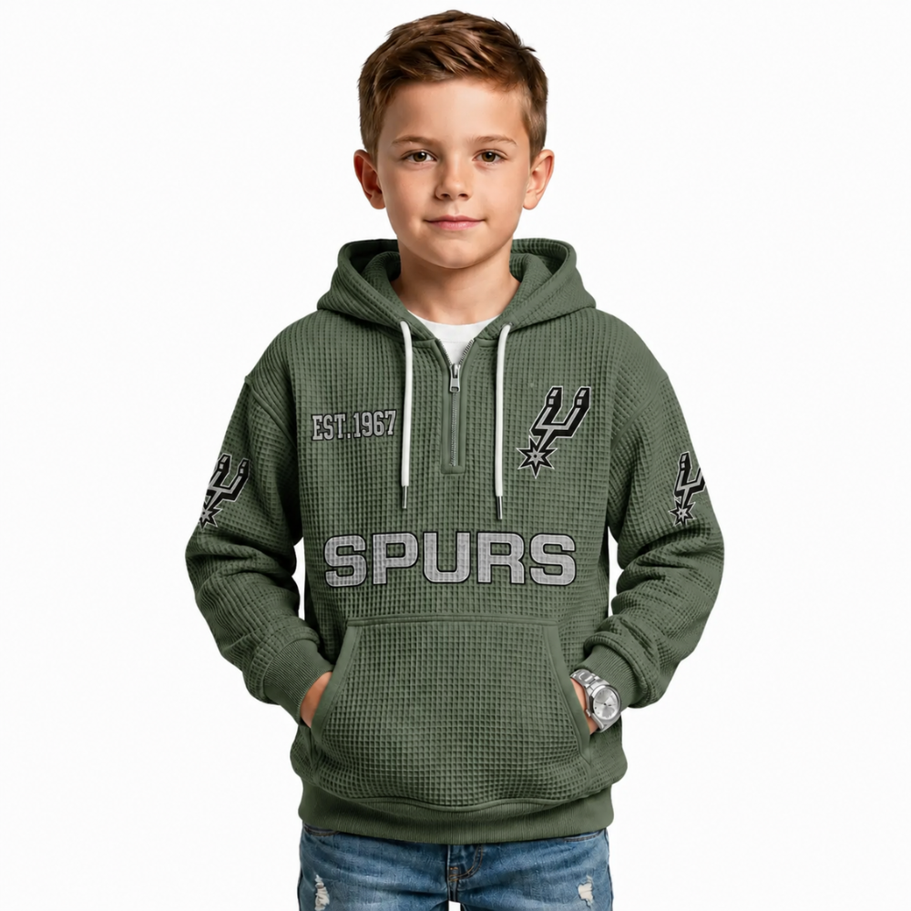 San Antonio Spurs EST 1967 Printed Waffle Quarter Zip Basketball Fan Hoodie For Kids