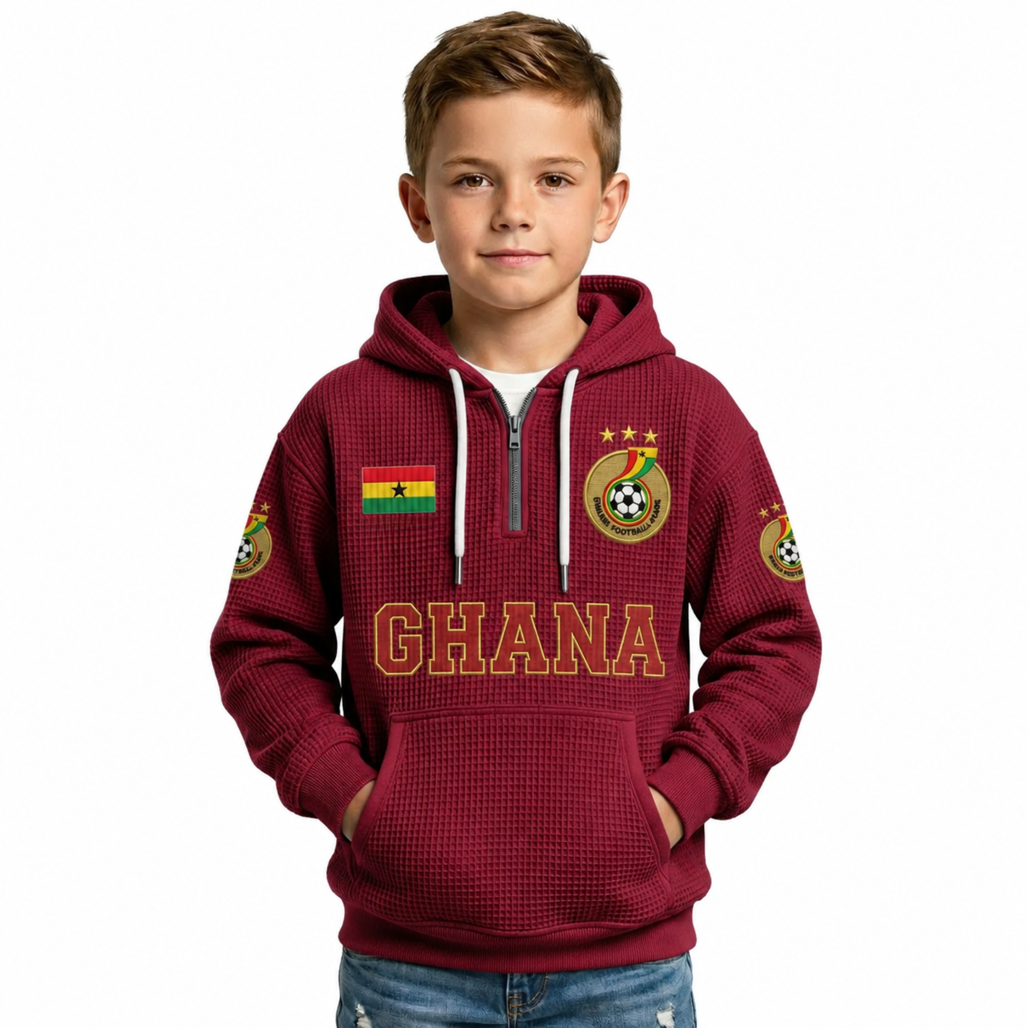 Ghana Printed Waffle Quarter Zip Football Fan Hoodie For Kids
