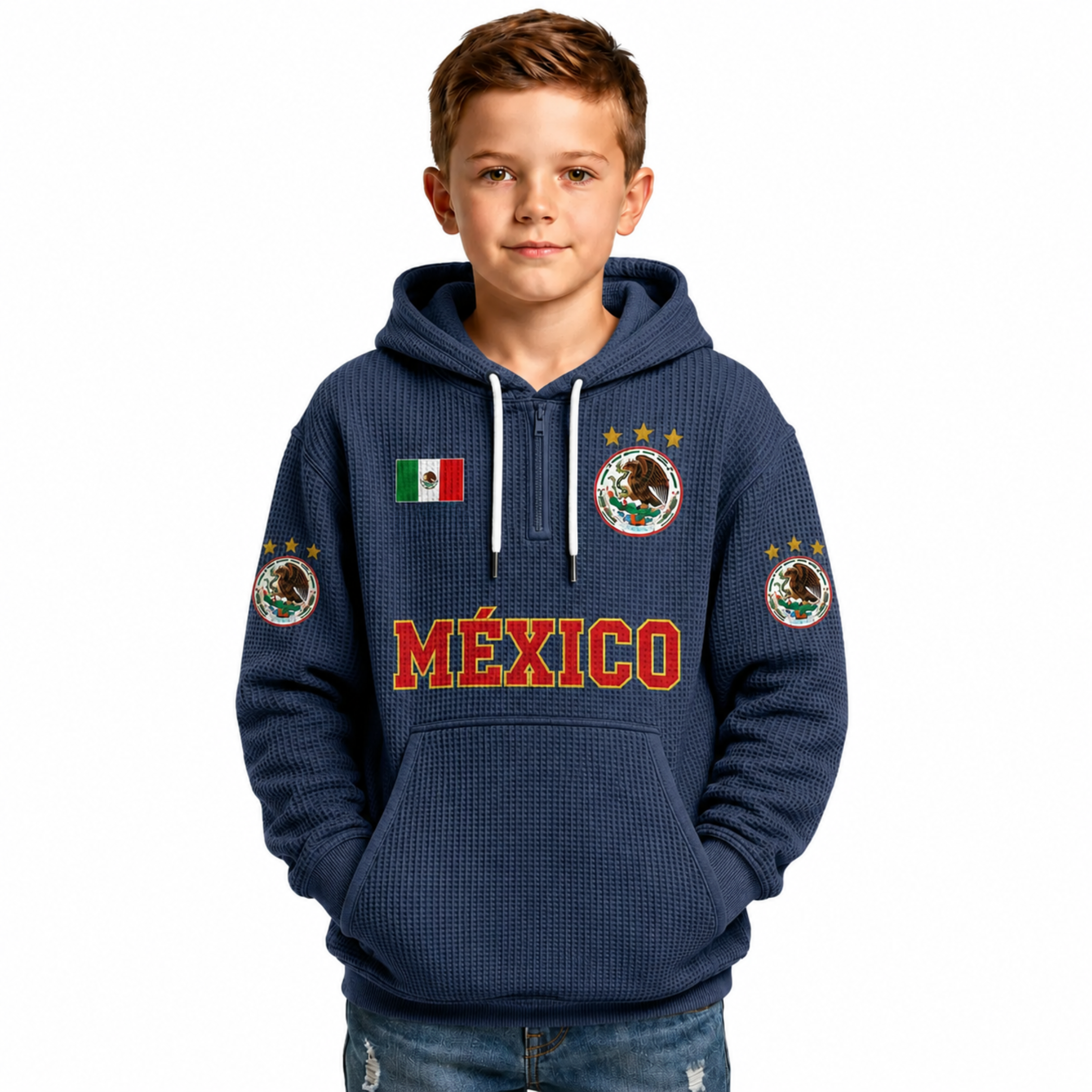 Mexico Printed Waffle Quarter Zip Football Fan Hoodie For Kids
