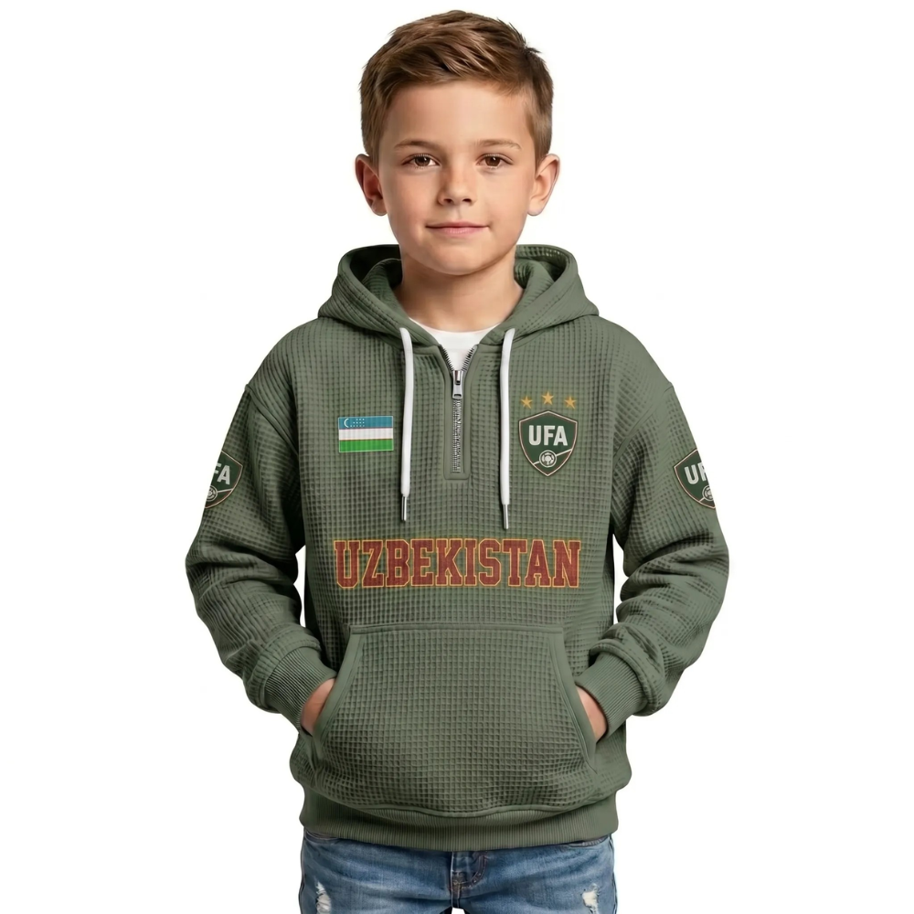 Uzbekistan Printed Waffle Quarter Zip Football Fan Hoodie For Kids
